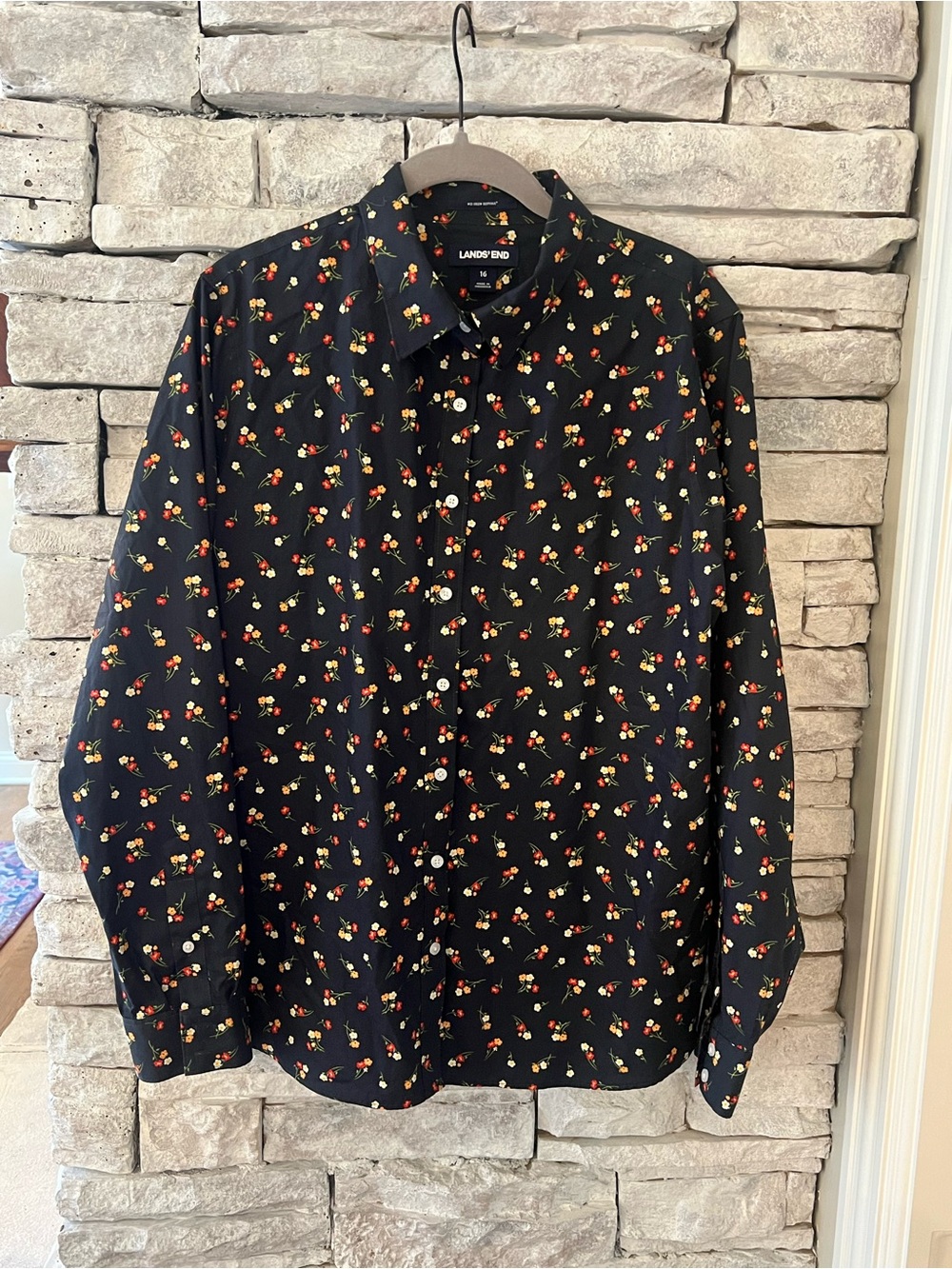 Lands' End Black Button-Down Shirt with Red & Yellow Floral Print